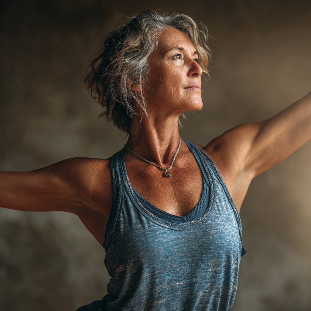 Mature woman in her early 50s practicing warrior pose in a sunny yoga studio, wearing comfortable blue workout attire, looking focused and serene