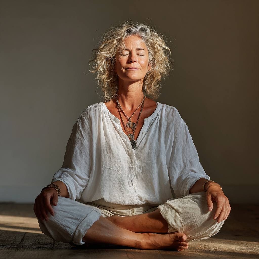 Professional yoga instructor in her 40s sitting in meditation pose, wearing comfortable white clothing, with a serene expression in a peaceful studio setting